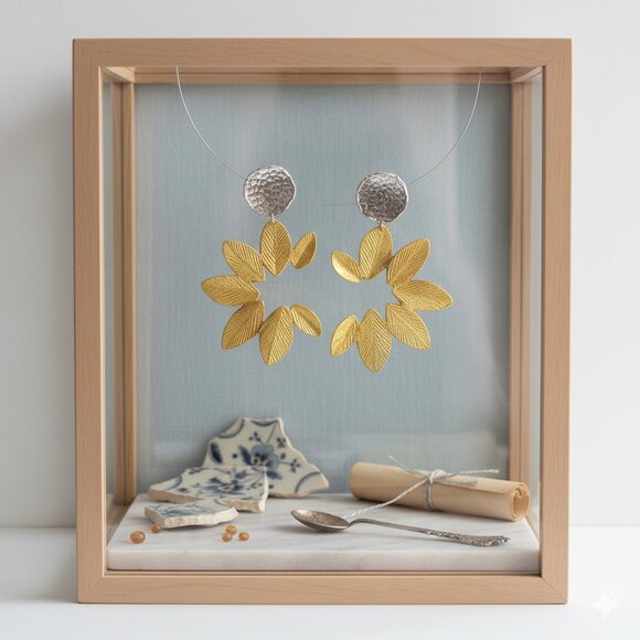 🆕️Turkish Stunning Handmade Artisan 18K Gold Plated Brass Fine Leaf Earrings - Picture 7 of 11